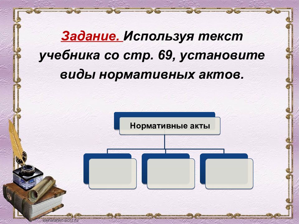 Текст учебника. Типы текстов в учебнике. Основной текст в учебнике. Используя текст учебника заполните схему яркие нормативных актов.